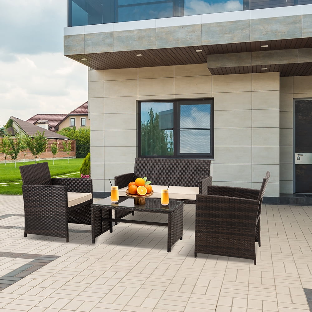 Kadyn 4 Pieces Outdoor Wicker Furniture Sets, PE Rattan Chair Patio Conversation Sets with Glass table, Soft Cushions Single chair and Double chair, Conversation Sets for Balcony, Khaki