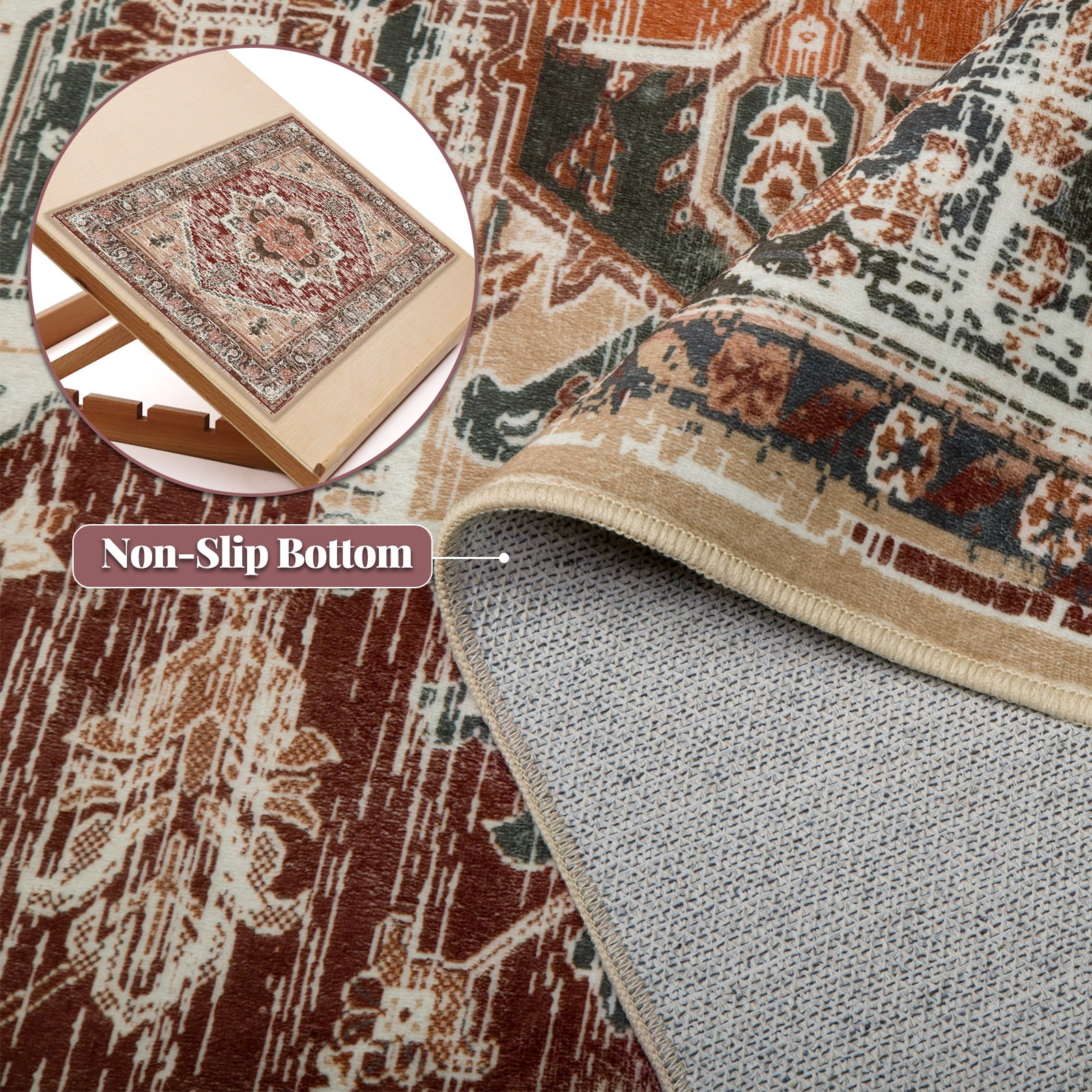 3'x5' Area Rugs, Machine Washable Non Slip Area Rug for Kitchen, Soft Low Pile Vintage Print Pattern Indoor Bathroom Thin Carpet, Burgundy