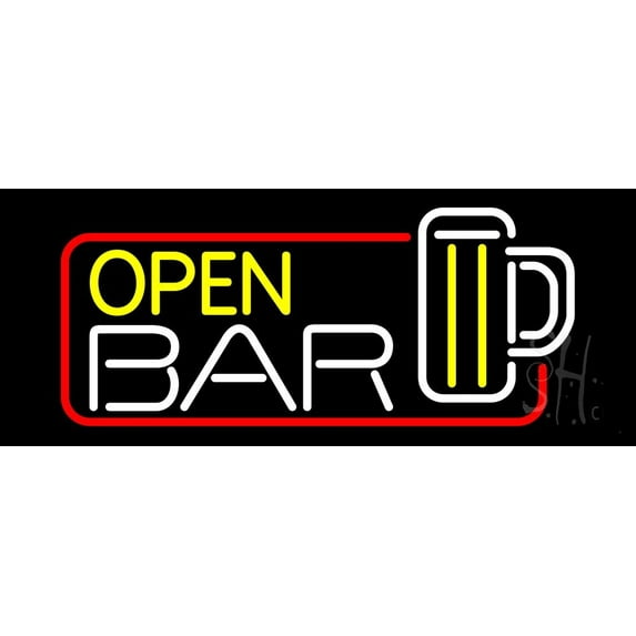 Open Bar With Beer Mug LED Neon Sign 13 x 32 - inches, Clear Edge Cut Acrylic Backing, with Dimmer - Bright and Premium built indoor LED Neon Sign for Bar decor.