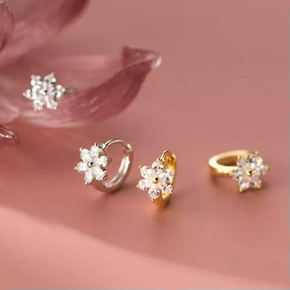 EOEMY 925 Sterling Silver Clear Crystal Flower Love Hoop Circle Huggie Earrings Gift-Gold