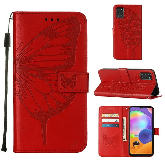 Galaxy A51 4G Wallet Case, Embossed Butterfly PU Leather Credit Card Holder Slots Full Body Protection Kickstand Flip Folio Shockproof TPU Phone Cover for Samsung Galaxy A51 4G, Red