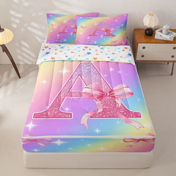 Manfei Pretty Rainbow Zipper Twin Comforter Sets with Fitted Sheet and 2 Pillowcases,Pink Bownot Letter A Zipper Bedding Set,Colorful Stars Reversible4pcs