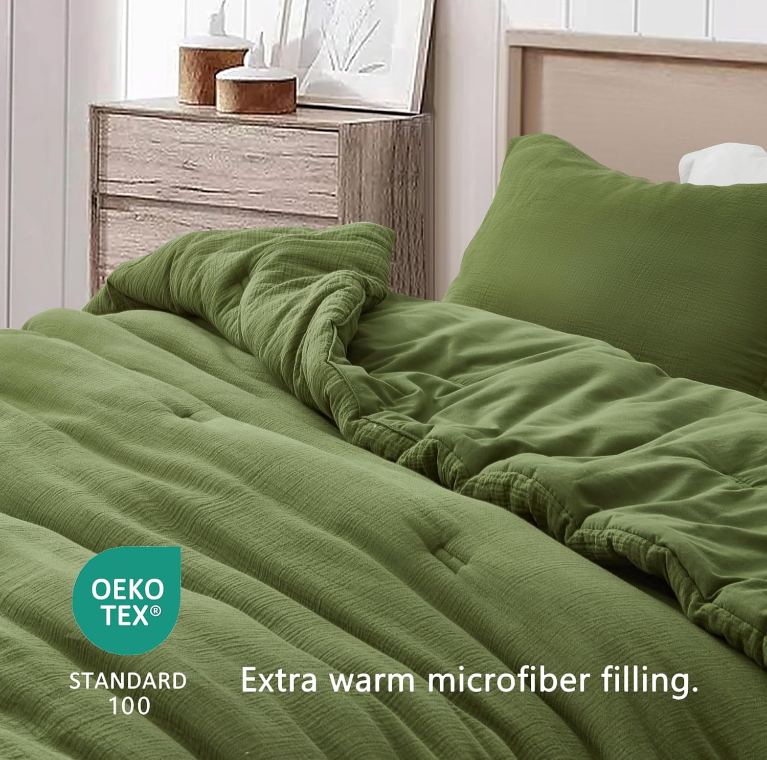 Chezmoi Collection Breeze 3-Piece 100% Cotton Muslin Queen Comforter Set, Olive Green Soft Washed Cotton Gauze Comforter, Lightweight Breathable Bedding for All Season