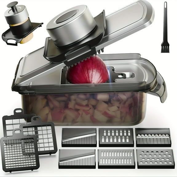 ​​12-in-1 Mandoline Slicer | Stainless Steel with Container | for Onions, Fruits & Cheese | Manual Kitchen Gadget​​