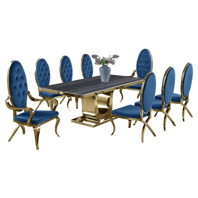 Gray Marble Mixed Dining Set with Gold Stainless Steel and Navy Velvet Chairs
