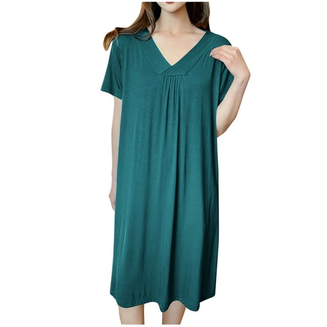 Timegard Chemises de Nuit pour Femmes Col en V Froncé Mi-Longue Robe de Maison avec Soutien-Gorge Intégré Pyjamas Vêtements de Détente