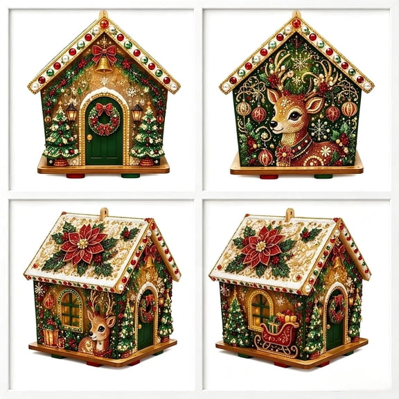 Gingerbread House Pearl Art Kit, Wooden DIY Beaded Christmas Ornaments Craft Set(F)
