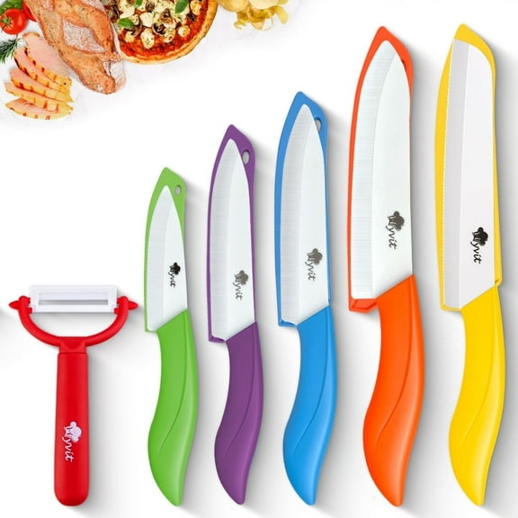 Ceramic Knives Set Kitchen Knife 6PCS Fruit Paring Knifes with One Peeler for Lettuce Vegetable and Meat,3" Paring Knife, 4" Fruit Knife, 5" Utility Knife, 6" Chef Knife,6" Bread Knife