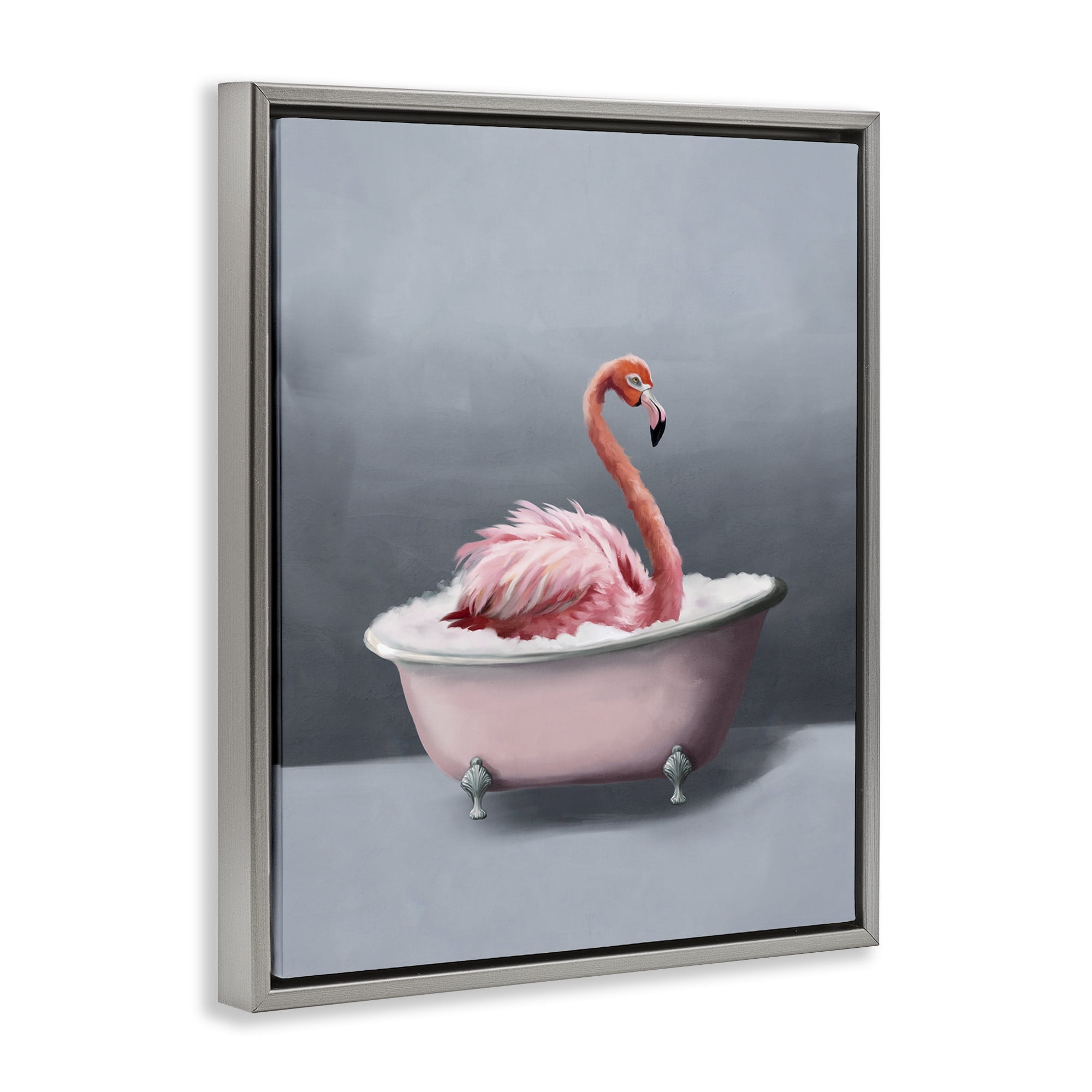 Stupell Industries Flamingo in Bathtub Bath & Laundry Painting Gray Floater Framed Canvas Art Print Wall Art, 17 x 21