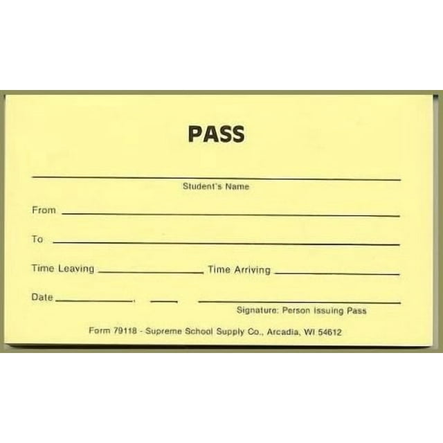 Student Passes (79118) - 10 Pack by Supreme School Supply. Each pass measures 5 inches by 3 inches and features a yellow stock design with fields for student name, time, date, and signature. Includes 100 slips per pad, with 10 pads in total.