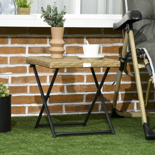 Folding PE Rattan Coffee Table, Weather Resistant Outdoor Side Table for Patio & Balcony