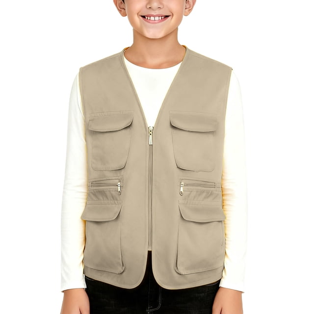 Travel for Kids, Solid Color Volunteer Travel Multi Pocket Top, Kids Waistcoat