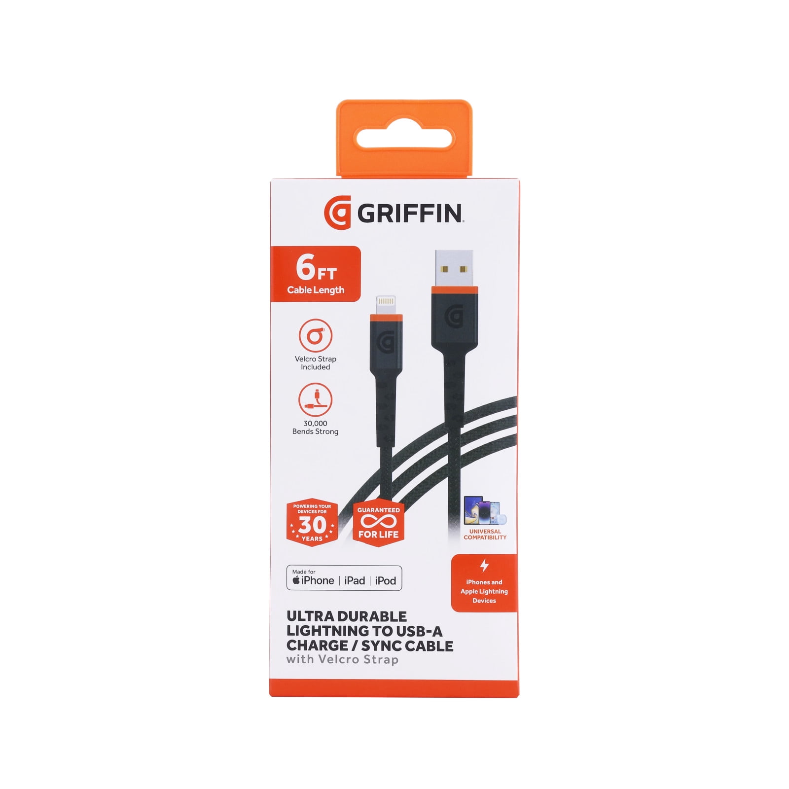Griffin Ultra Durable 6FT Lightning to USB-A Charge & Sync Cable with Velcro Strap for iPhone, iPad, iPod, Fast Charging, Durable Nylon Braided, Apple Lightning Cable