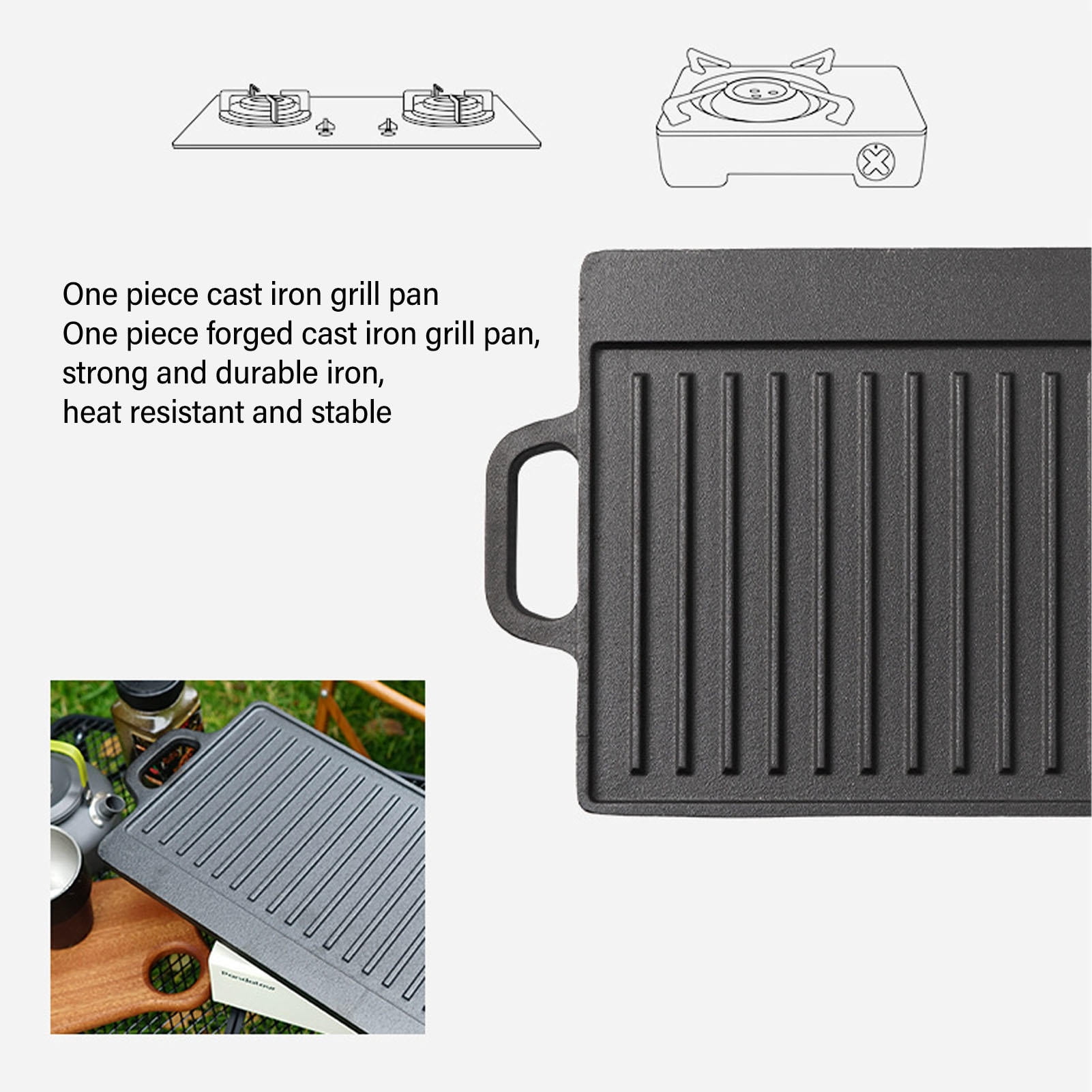 Yajisi 9.8”×18.1” Double‑Sided Iron Griddle Plate – Fast Even Heating, Reversible for Gas & Induction, Ideal for Outdoor Camping & Korean BBQ
