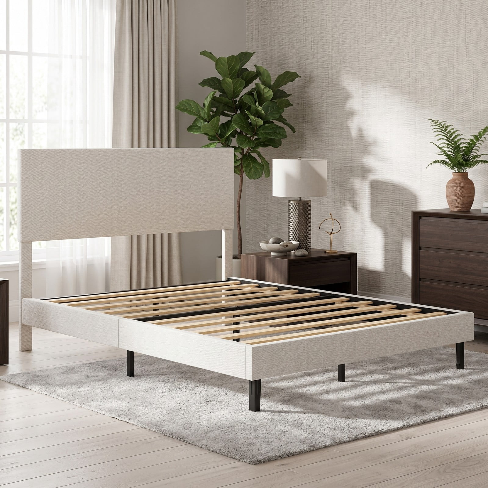 Furnibear Queen Size Bed Frame Velvet Upholstered Platform Bed Frame with Height Adjustable Chevron Headboard and Slats for Bedroom, Beige