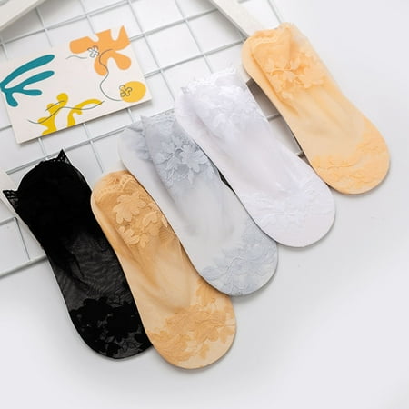 

GROFRY Thin 1 Pair Invisible Anti-Skid Women Socks Lace Flower Print Thin Shallow Socks for Daily Wear
