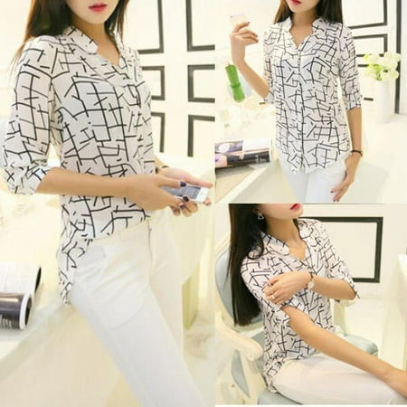 Korean Style Trendy Fashion - Korean Fashion Women 3/4 Sleeve Elegant Print Chiffon Shirts Tops Summer Blouses