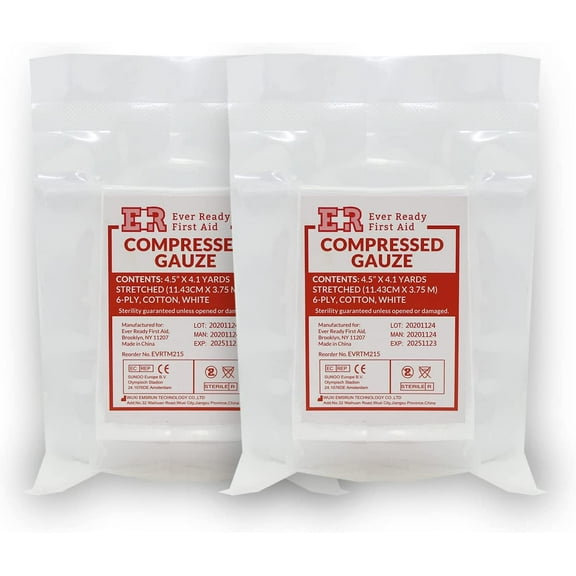 Ever Ready First Aid Compressed Sterile Gauze, 6-Ply Emergency Medical Dressing for First Aid Kits – 4.5” x 4.1 Yards - 2 Pack