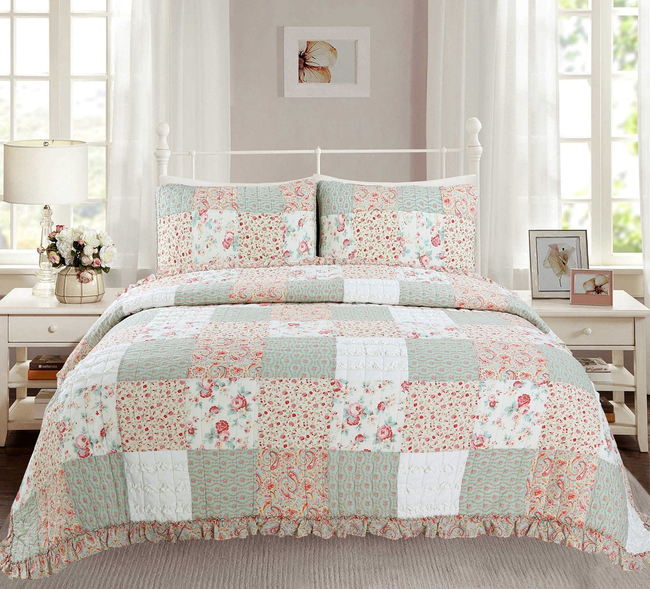 BEAUTIFUL COZY PATCHWORK COUNTRY VINTAGE PINK FLORAL ROSE GREEN BLUE QUILT SET 