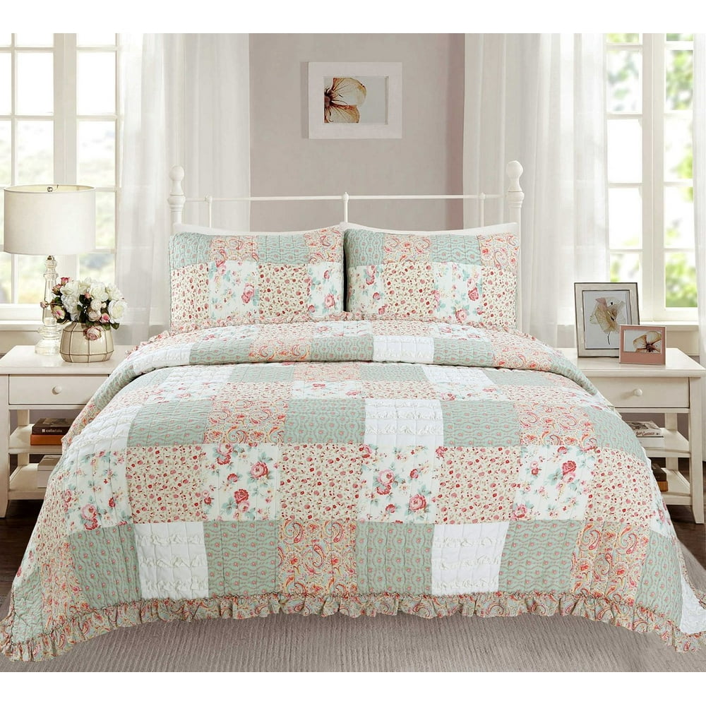 Cozy Line Ainsley Pink Patchwork 100 Cotton Quilt Set, Coral Green