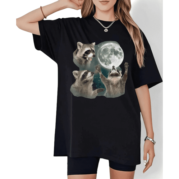 Women's Crew Neck Printed Cotton Tee Moonlit Raccoon Group Graphic Casual Loose T Shirt Graphic Tees Tops Black S-5XL