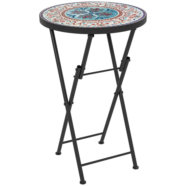 Mosaic Outdoor Patio Side Table, 14" Round Folding Ceramic Coffee Table with Powder-Coated Steel Frame, Multi-Color Plant Stand for Garden, Balcony, Deck and Terrace, 21.7" H