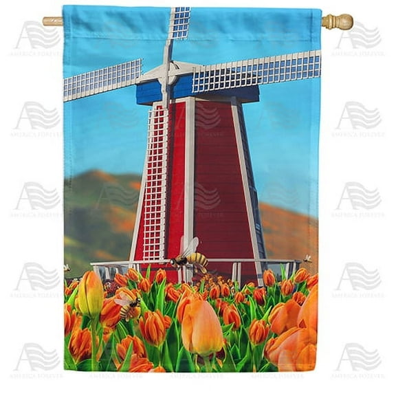 America Forever Spring Bee House Flag 28 x 40 inches Double Sided Windmill, Summertime, Honeybee, Flowers, Colorful - Seasonal Yard Lawn Outdoor Decorative Spring Tulip House Flag