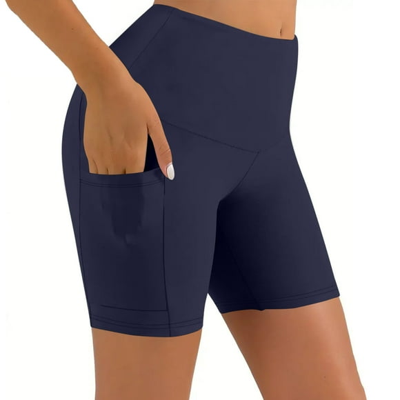 Plebaso Women's Yoga Shorts with Pockets High Waist Stretch Leggings Shorts Plain Running Biker Shorts