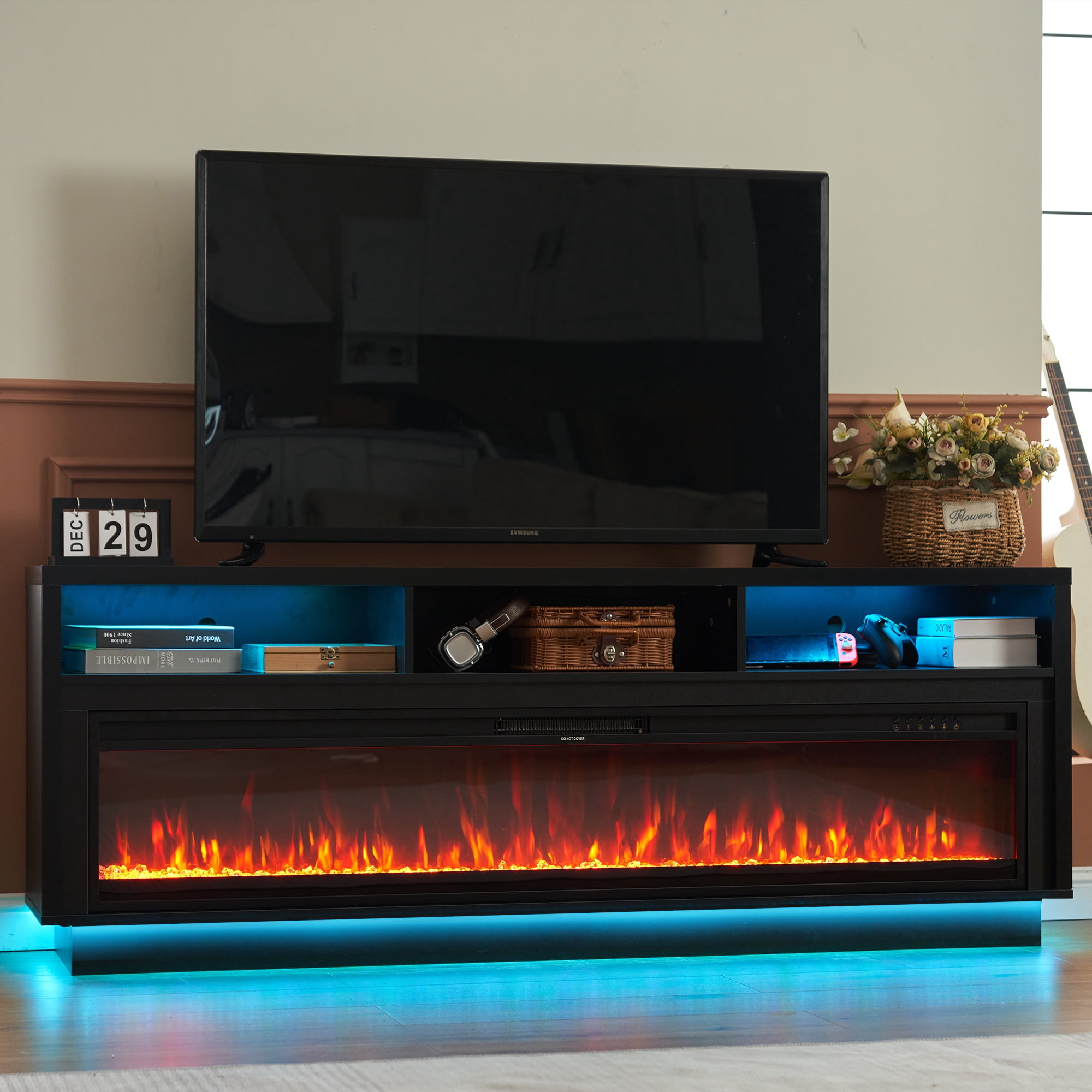 HARIPUL 70" Fireplace TV Stand for TVs Up to 80" with 64" Electric Fireplace, TV Console for The Living Room, LED Light Entertainment Center, Storage Cabinet, Media Console Table, Black