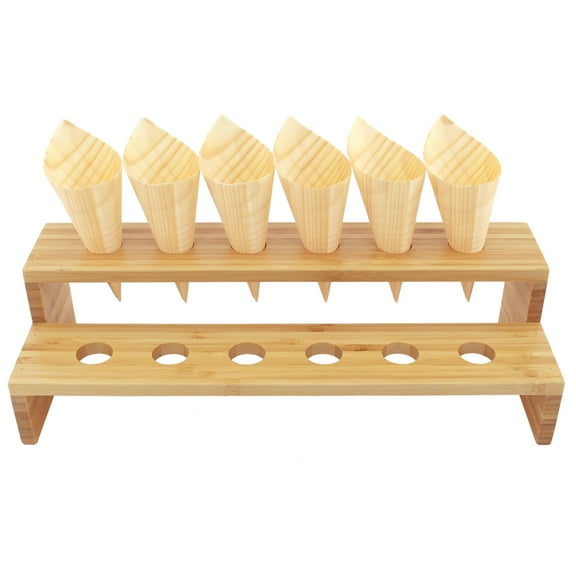 BambooMN 13" x 4.9" x 3.5" Natural Bamboo Straight Multi Level Food Cone Display Tamaki Stand, Holds up to 12 Cones - 3 Pieces