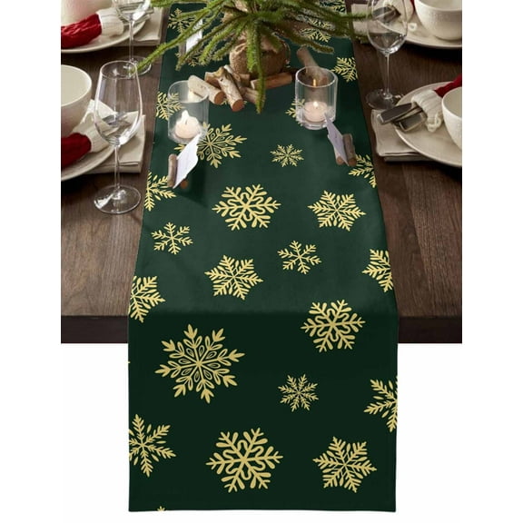 Christmas Table Runner Golden Snowflake Table Runners Vintage Green Snow Cotton Linen Dresser Scarf Kitchen Dining Table Decor for Christmas Holiday Party Decor 13x90 Inch