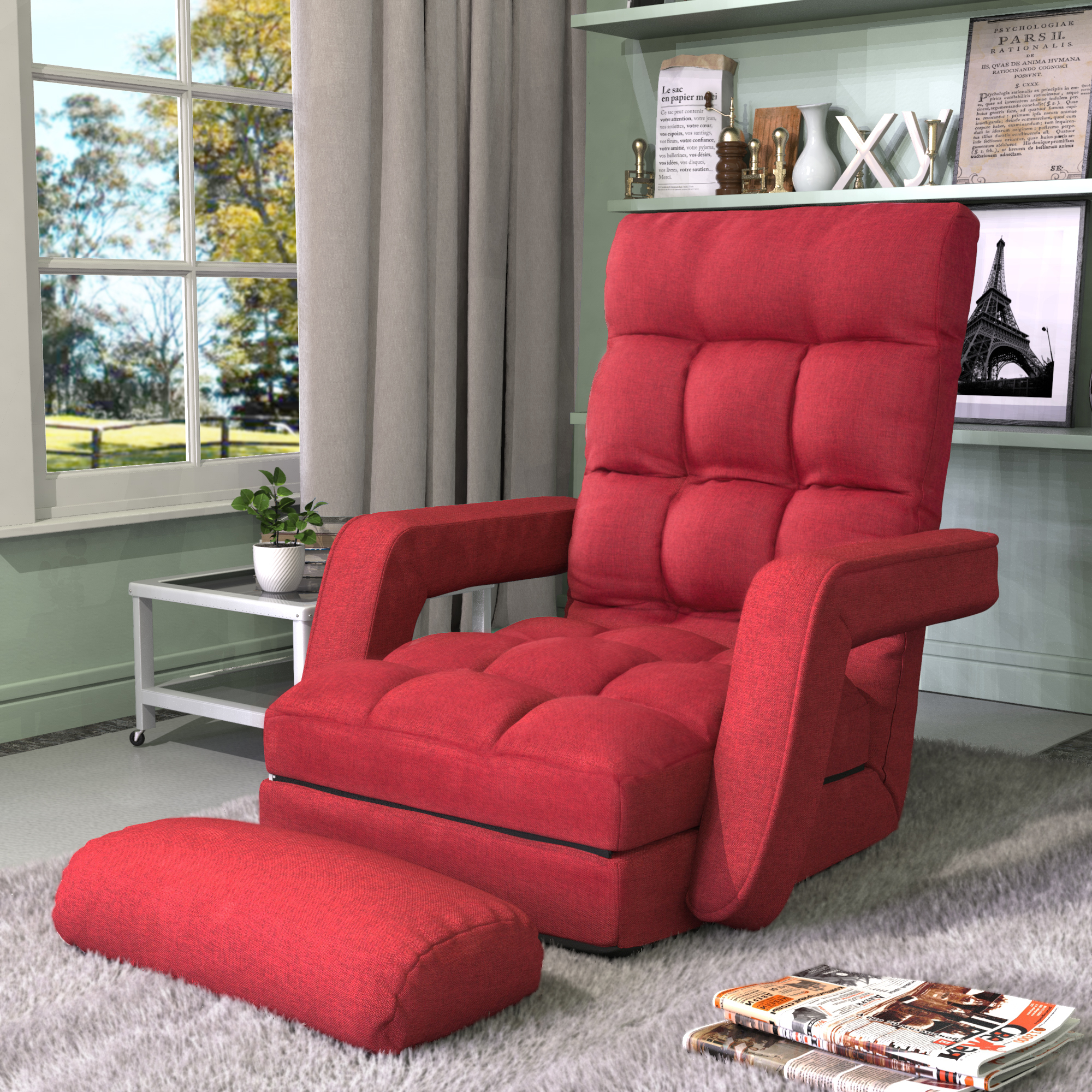 Floor Chair Set with Adjustable Backrest, Folding Chair with Armrests and a Pillow, Lazy Sofa Floor Chair Sofa Lounger Couch for Living Room Bedroom Dorm Office, No Assembly Required, Red, Q6294 - image 4 of 10
