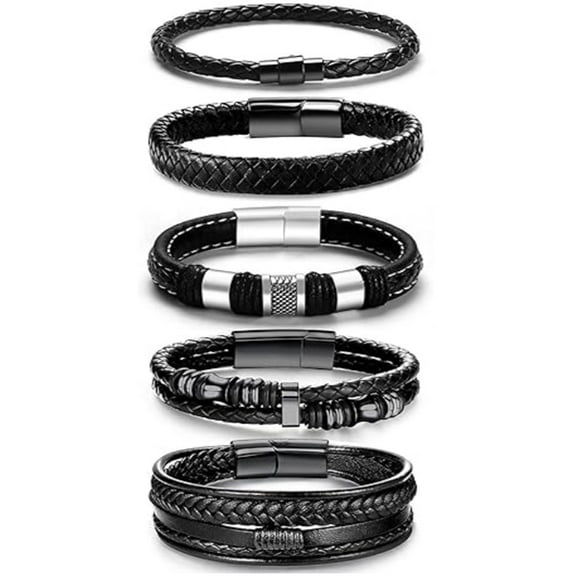 ZYHH 5Pcs Black Leather Bracelets for Men Women, Steel Braided Cuff Bracelet Set, Genuine Leather and Metal Wristbands