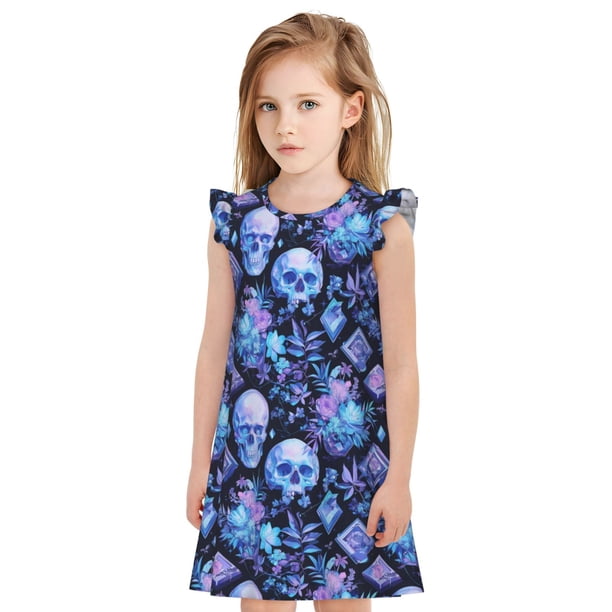 Fotbe Skull blue crystal flower Vestido de Dormir para Niñas de 3 a 10 Años, Mangas Cortas, Estilo Princesa, Pijama Camisón con Mangas Voladas-XX-Large