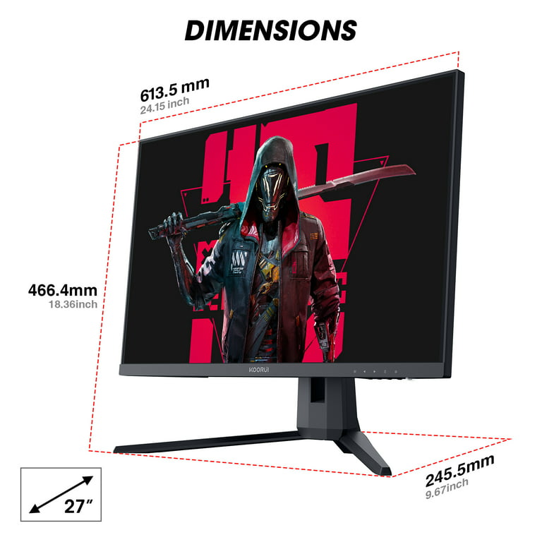 KOORUI 27 165 Hz 1ms Gaming Monitor, QHD (2560*1440P), DCI-P3 90% Color  Gamut, Adaptive Sync, HDMI, DisplayPort, Black