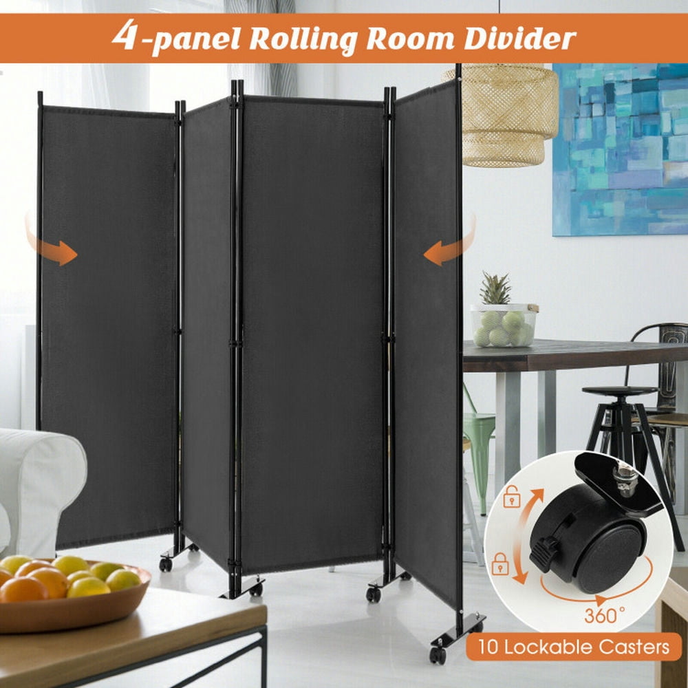 Kadyn Partition Room Dividers,Privacy Screen, 4-Panel Folding Room Divider 6 Feet Rolling Privacy Screen with Lockable Wheels-Gray