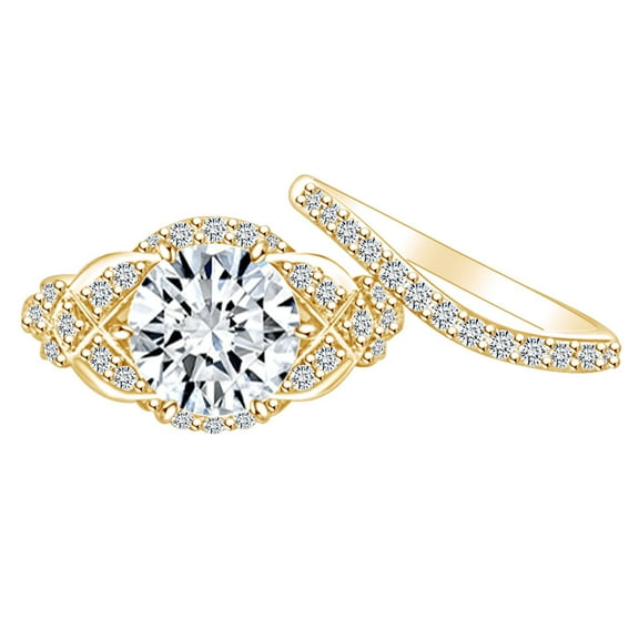 AFFY 2.7 Carat Round Shape Moissanite & Natural Diamond Vintage Style Engagement Ring 14K Solid Yellow Gold Ring Size-5