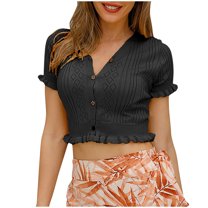 Women's Short Sleeve Cropped Cardigan 2025 Summer Lightweight Crochet Button V Neck Knit Sweater Tops