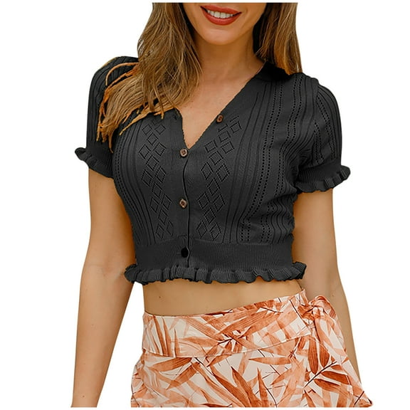 Mittory Short Sleeve Cardigans for Women Hollow Out Knit Cropped Cardigan Sweater Button Down Shrugs