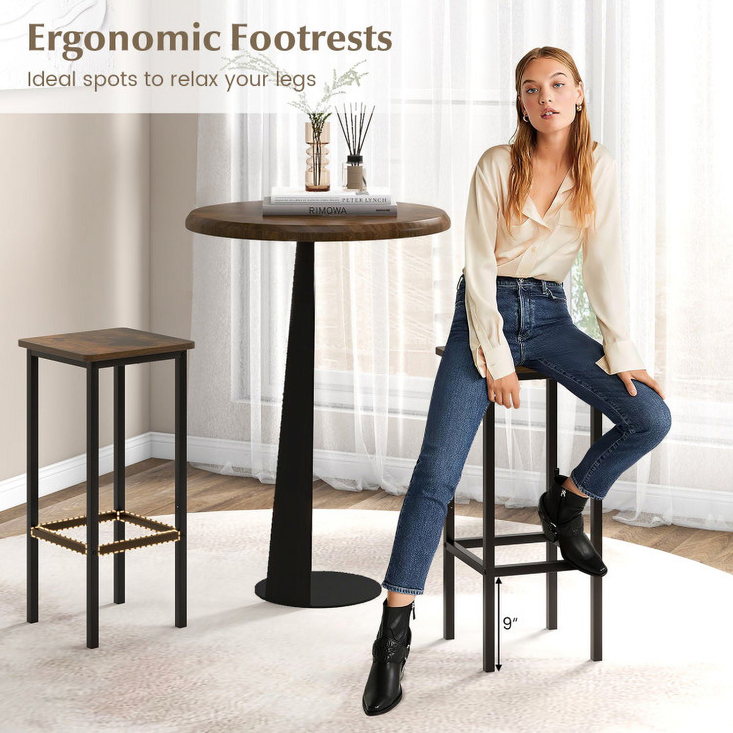 Demi Bonn 26" Set of 4 Bar Stool Set Bar Chair with Metal Legs and Footrest, Modern Kitchen Dining Chair, Brown