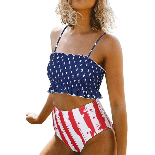 Womens 2 Pieces Bandeau Bikini Swimsuits Off Shoulder High Waist Bathing Suit