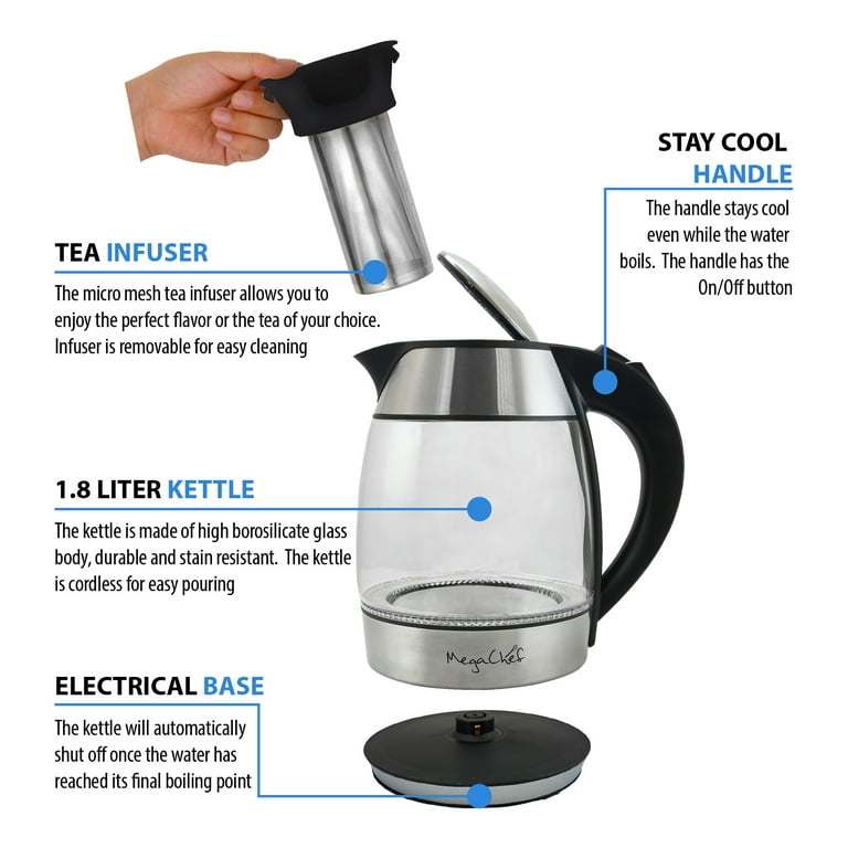 MegaChef 1.8 Liter Cordless Glass and Stainless Steel Electric Tea Kettle  with Tea Infuser