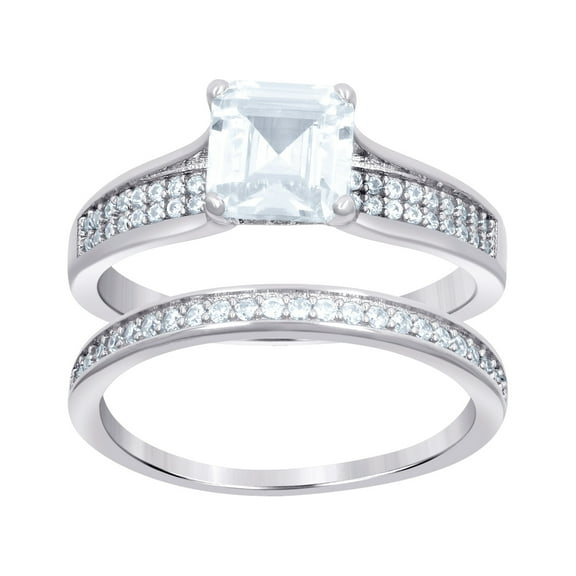 925 Sterling Silver Womens Cushion-cut Round Cubic Zirconia Square Head Duo Ring Set Size 7 6.9mm Long Ring for Women