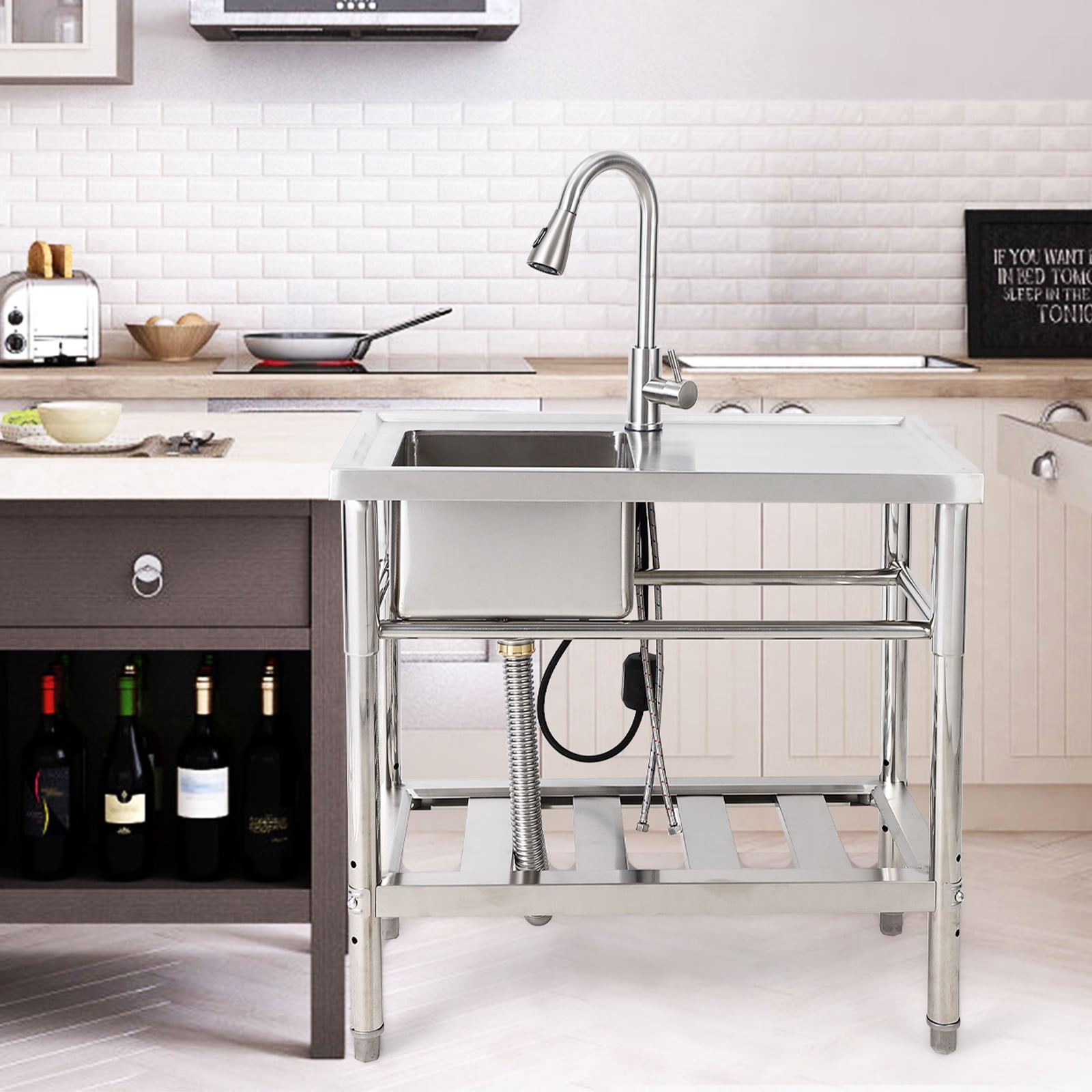 Huisuilinss Stainless Steel Sink Free Standing Single Bowl Kitchen Sink With Workbench Utility Sink With Hot & Cold Hoses For Laundry Room Farmhouse Bathroom Restaurant Garage