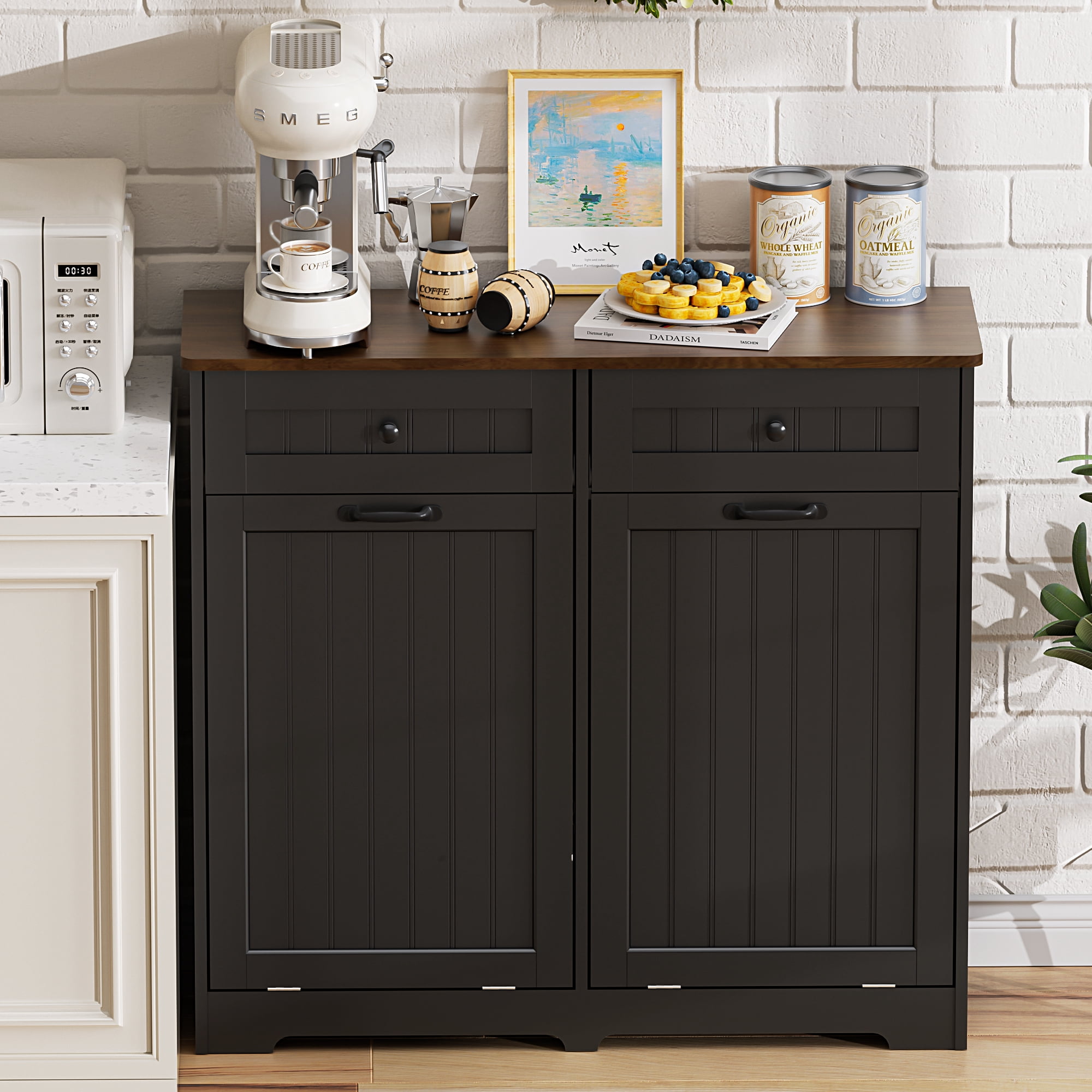 HARIPUL Double Tilt Out Trash Can Cabinet for 2 Bins, Hidden Garbage Can Cabinet with Drawers, Wooden Trash Bin Cabinet, 10 Gallon Trash Can Holder Cabinet for Kitchen, White