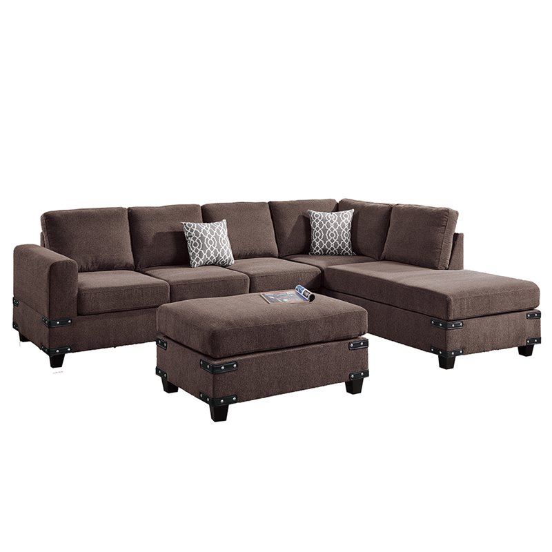 Poundex 3 Piece Fabric Sectional Sofa Set with Ottoman in Chocolate