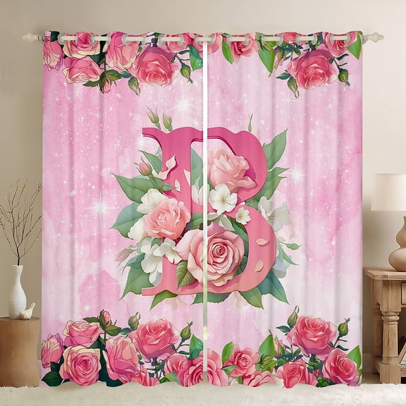 Homewish Girly Pink Monogrammed B Black Out Curtains for Women, Valentines Day Curtains Pack of 2 (42x63 Each), Spring Garden Rose Bedroom Curtains, Curtains Blackout Home Decor