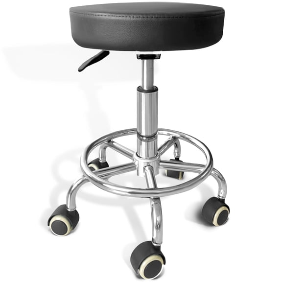 PU Leather Swivel Stool with Footrest - Height Adjustable Rolling Stool for Makeup, Spa, Drafting Salon, Office, Kitchen & Home, Black