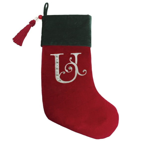 Christmas Stocking Red & Green Velvet With Tassel, Rhinestone Monogram (U)