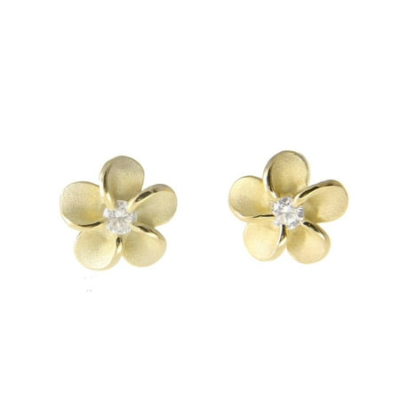 Gold Hawaiian Plumeria Earrings Yellow gold plated on sterling silver 925 Hawaiian plumeria flower stud earrings cz 6mm ()
